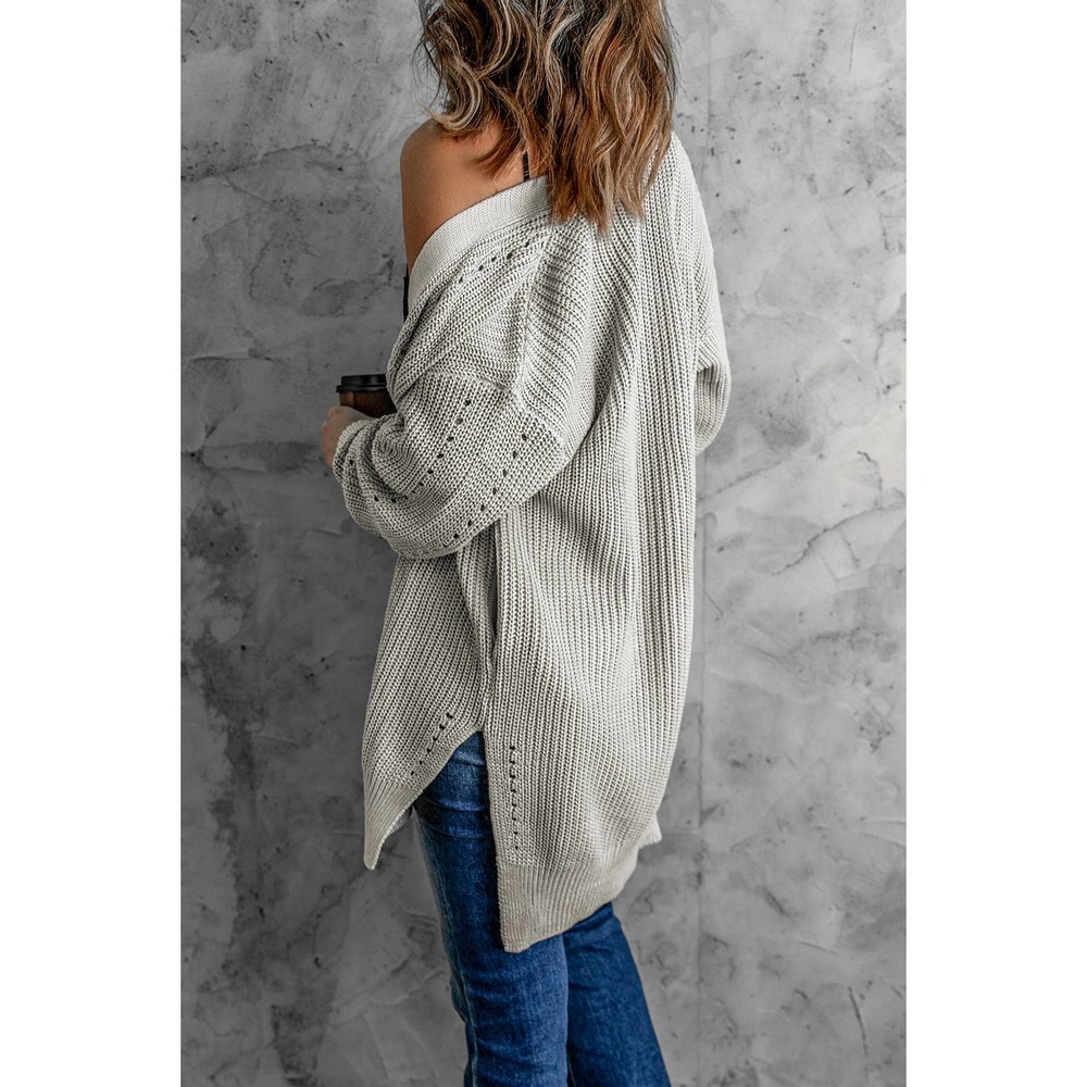 Openwork Rib-Knit Slit Cardigan - Picture 2 of 10